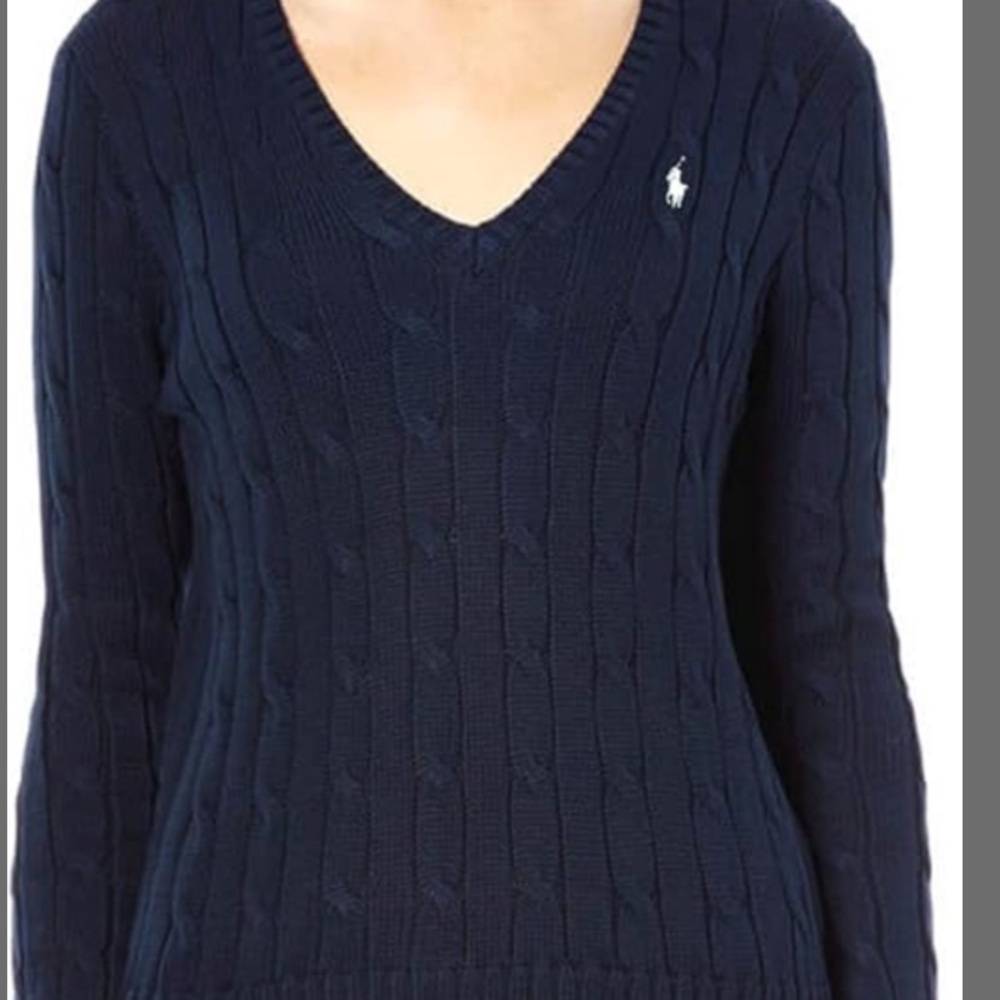 Navy Blue V-Neck Cable Knit Sweater